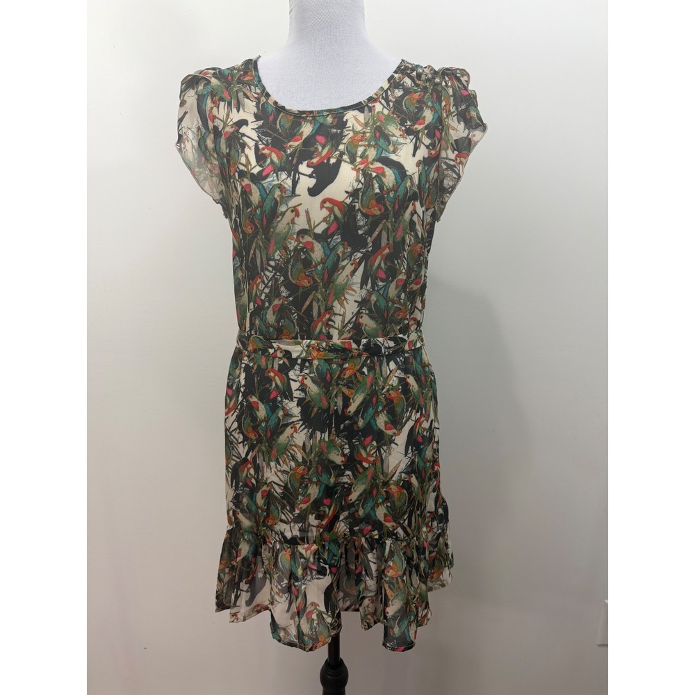 Belle du Jour Womens Parrot Print Mini Dress Green Tropical Ruffle Hem Small